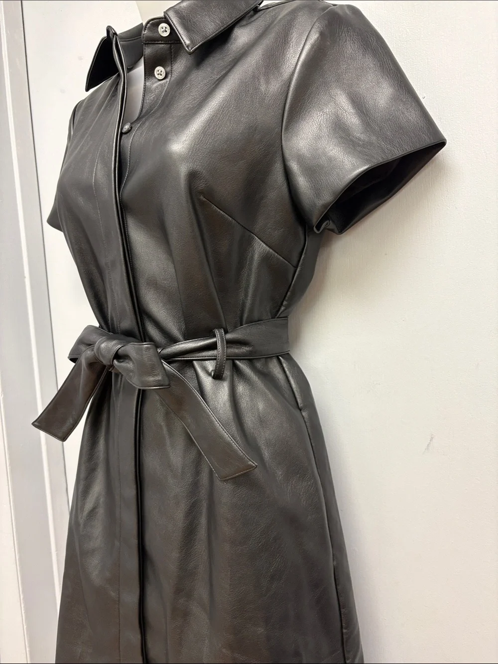 J. Crew Faux Leather Shirt Dress Black Belted Midi Dress Size 2 NWT